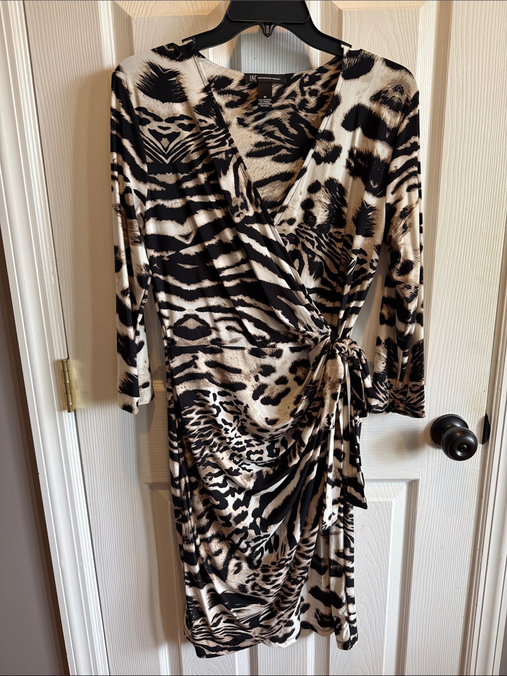 INC International Concepts Black and Cream Animal-Print Wrap Midi Dress